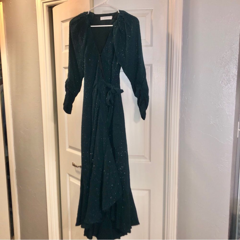 ASTR The Label Sparkly Emerald Green Ruffle Wrap Dress